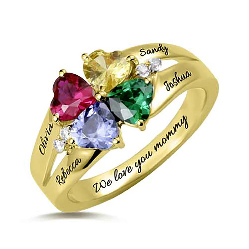 SG Personalized Engagement Rings with 4 Birthstone Heart Ring Engraved Name Promise Ring Love Gift Jewelry for Women Mother day'