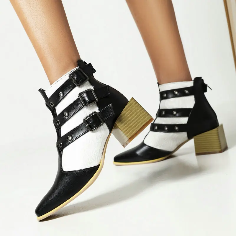 

Fashion Belt Buckle Women Boots Chunky Heel Ankle Boots Mixed Colors Square Toe Spring Autumn Women Boots Shoes Big Size 34-46