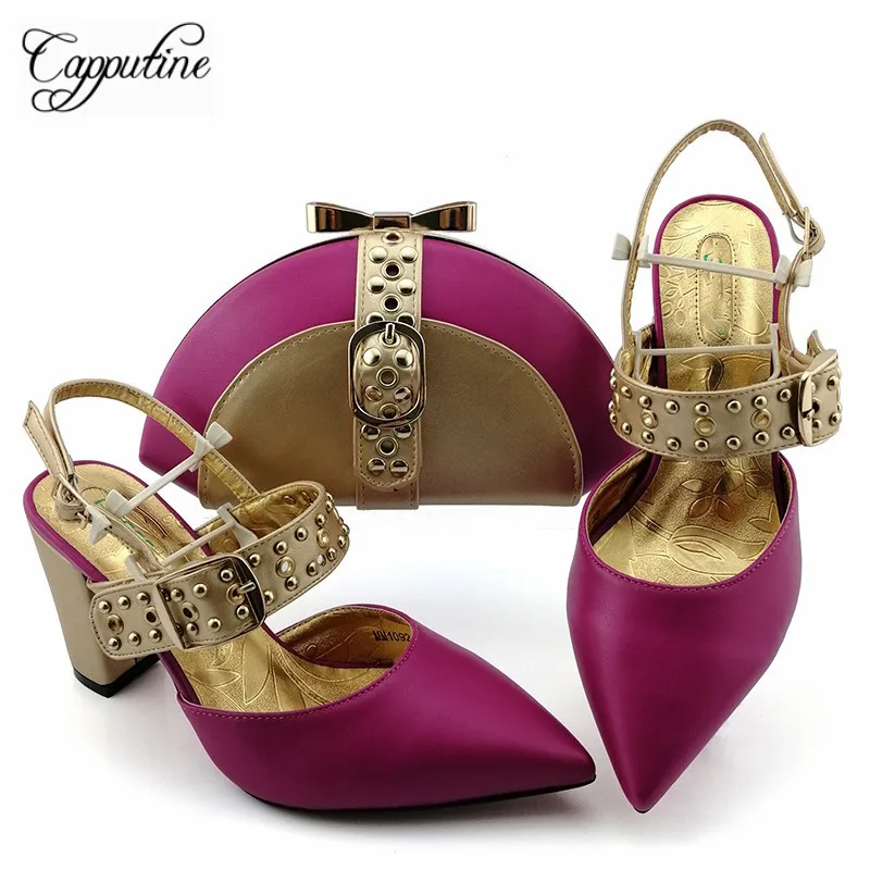 

Fashion magenta African pointed toe sandal shoes and bag set nice matching for dress MM1092 heel height 9cm
