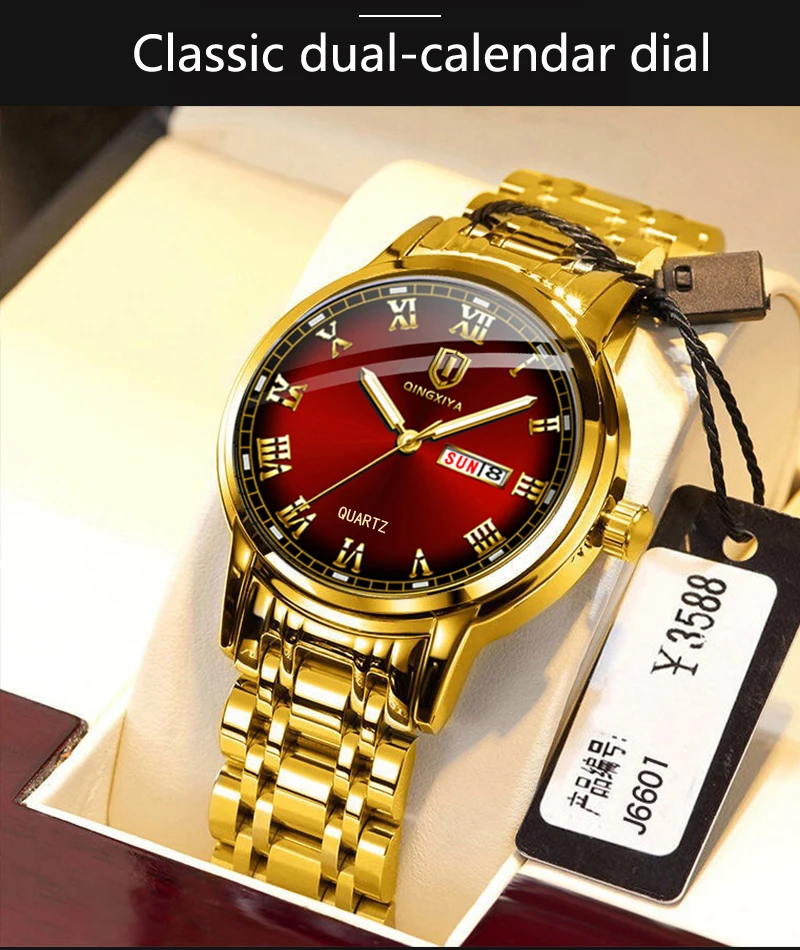 QINGXIYA Top Brand Luxury Gold Red Quartz Watch Men Stainless Steel Luminous Waterproof Watches Week Calendar Business Watch Men