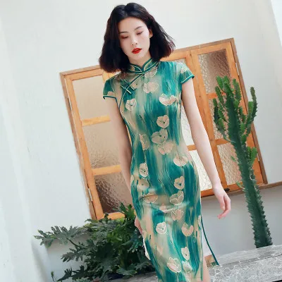 Sheng Coco зеленый китайский Cheongsam Qipao платья Свежий Женский Cheongsam короткий рукав китайское платье Новинка традиционная одежда - Цвет: Green retro qipao