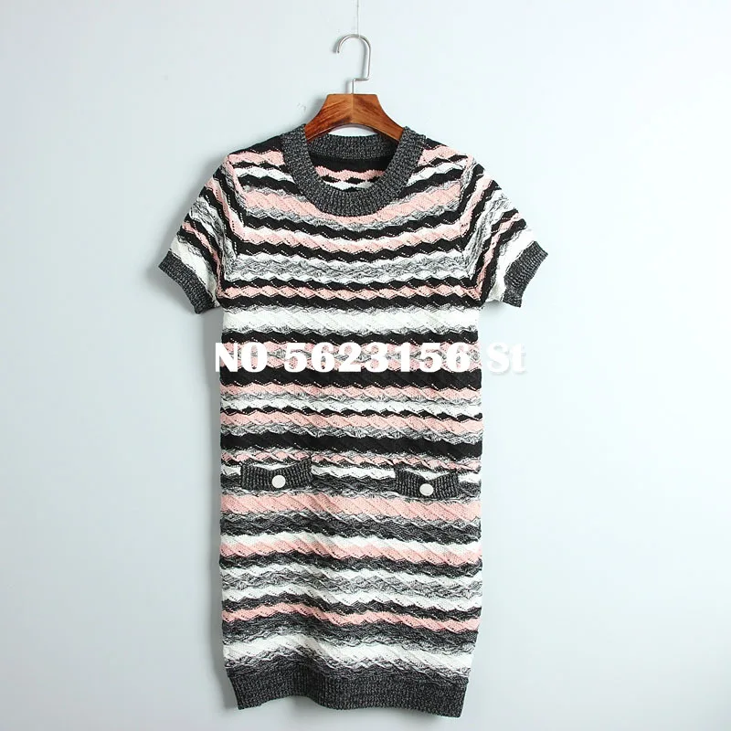 

Tencel Woman Dress Summer New Round Neck Pocket Short Sleeve Striped Knitted Runway Dresses High Quality