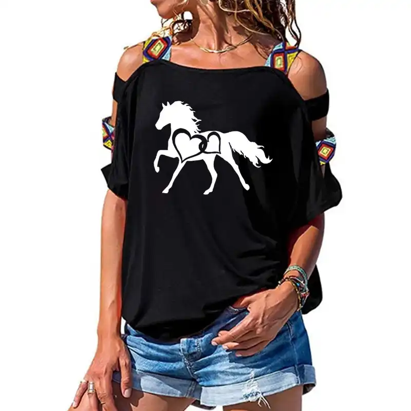 جديد الحصان على شكل قلب المرأة التي شيرت القطن عادية مضحك تي شيرت فتاة قصيرة الأكمام مثير الجوف خارج الكتف تي شيرت تيز Aliexpress