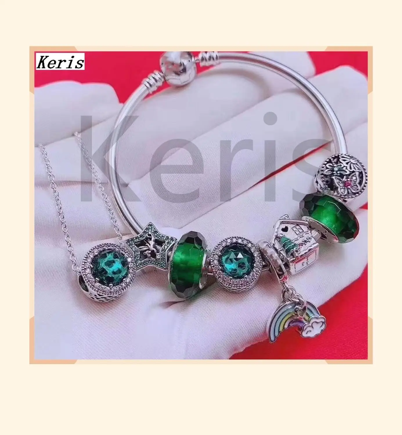 

High Quality Reproduction 1:1 100% Pure Silver Beads Star Rainbow String Bracelet Necklace Set Mixed Together Free Delivery