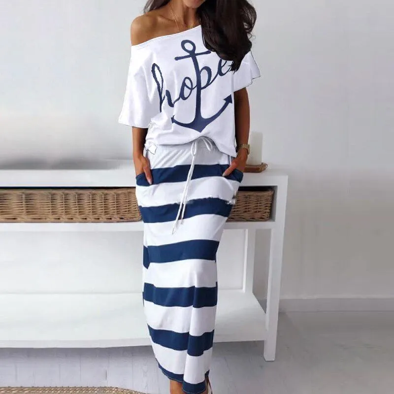 Women Off Shoulder Blouses T-shirt & Striped Maxi Dress Summer Slim Slash Neck 2 Pieces Sets Female Casual Ankle-Length Dress skirt and top