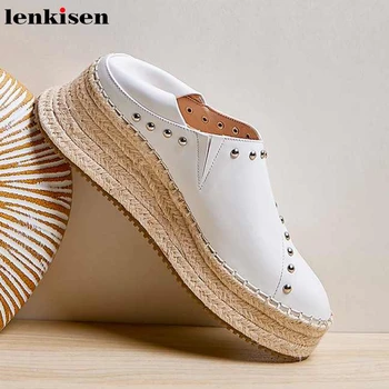 

Lenkisen hot solid fashion rivets genuine leather weave thick bottom shoes round toe high heels slip on autumn women pumps L97