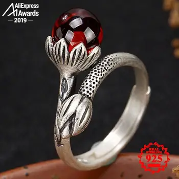 

S925 Fine Antique shop Ruby Rings Women Handmade Vintage Natural Lotus Zen Buddha Retro Ruby red jasper Agate