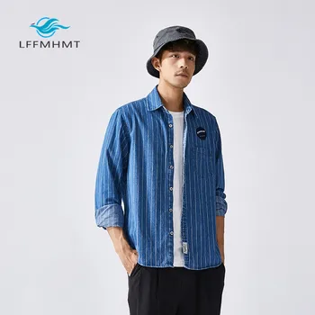 

Men Autumn Winter Stripe Casual Japan Vintage Style Shirt Denim Single Breasted Long Sleeve Turn Down Collar Male's Formal Shirt