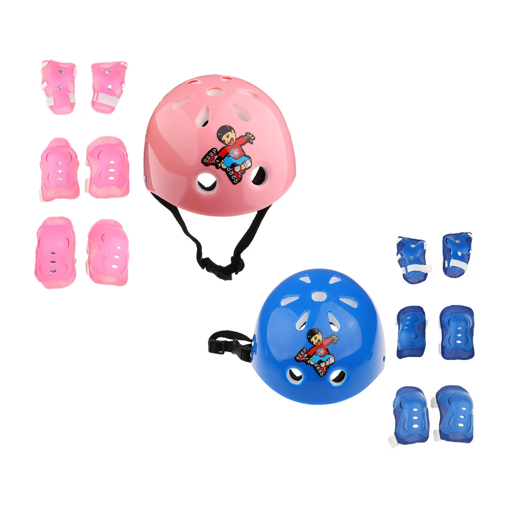 14 Pieces Kids Children Boy Girl Roller Skating Bicycle Helmet Knee Elbow Pad Wrist Guard Protector Sets Pink and Blue