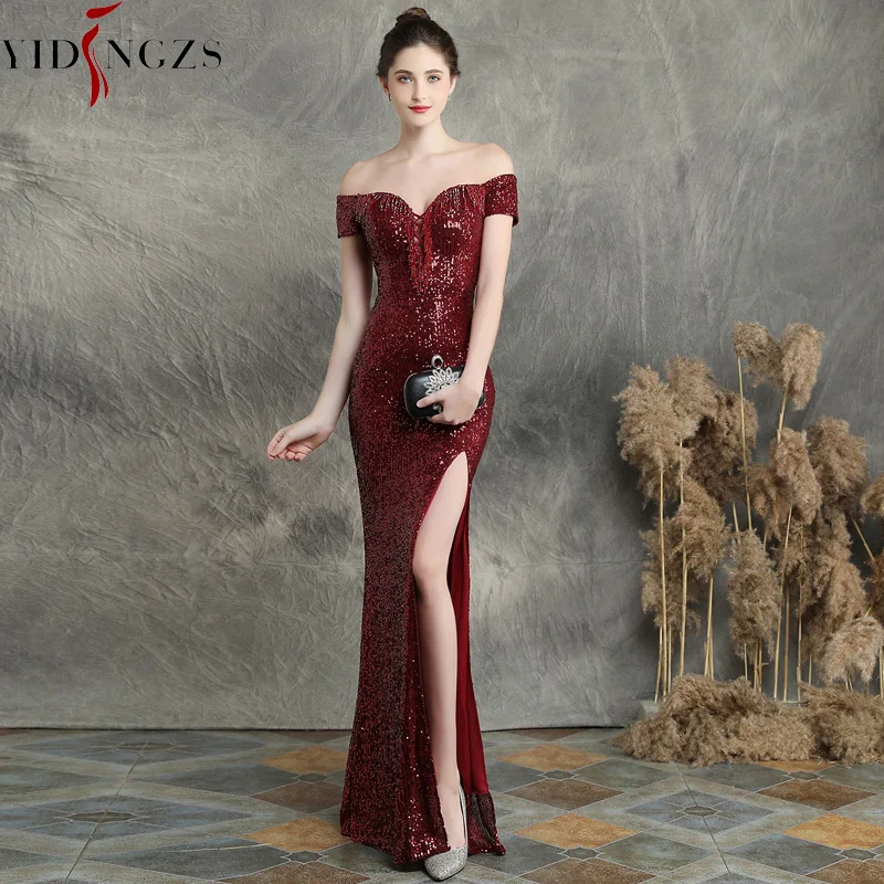 YIDINGZS Slit Sexy Sequins Evening Dress Womens V-neck Beading Long Evening Party Dress YD16617