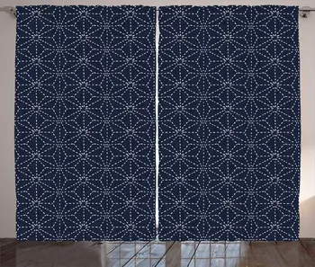 

Japanese Curtains Oriental Motifs with Dotted Lines Geometric Shapes on Blue Shade Backdrop Living Room Bedroom Window Drapes