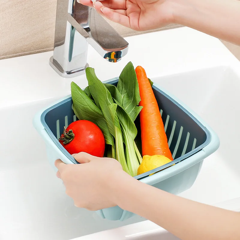ZOTOBON Double Drain Basket Washing Kitchen Rice Strainer Vegetable Fruit Storage Dry Storage Double-layer Sink Filter Shelf H94