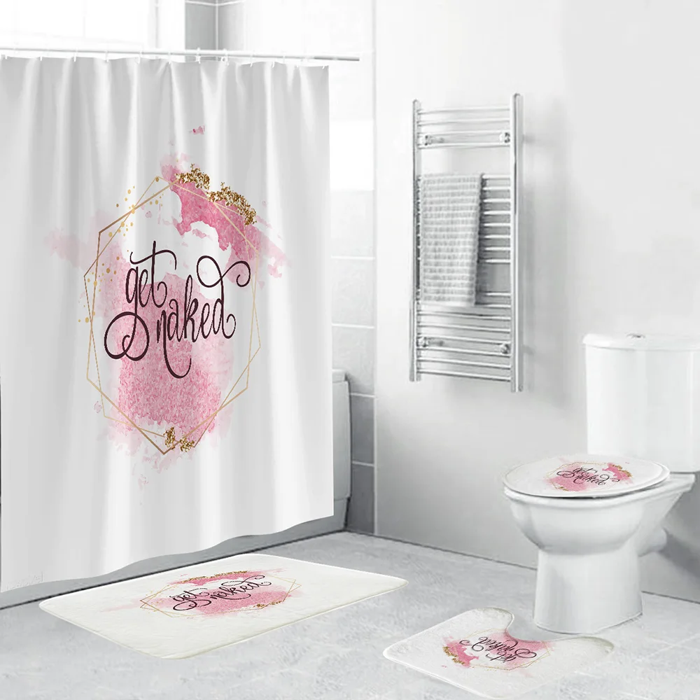 Funny Words Pure White Shower Curtain Set Bathroom Mat Waterproof Fabric Hooks