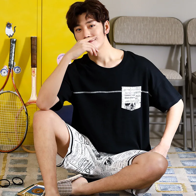 

2020 Pajamas MEN'S Short Sleeve Pure Cotton Summer Men Pure Cotton Large Size Casual Comfortable Pajamas Homewear Set