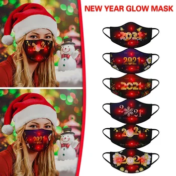 

2021 Happy New Year Adult LED Glowing Mask Unisex Printed Mouth-cover Dustproof Party Face Mask masque mascarillas маска 1pcs