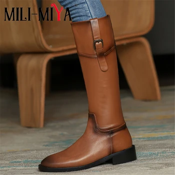 

MILI-MIYA Fashion Riding Boots Women Cow Leather Knee-High Shoes Zippers Round Toe Square Heels Solid Color Plus Size 34-42