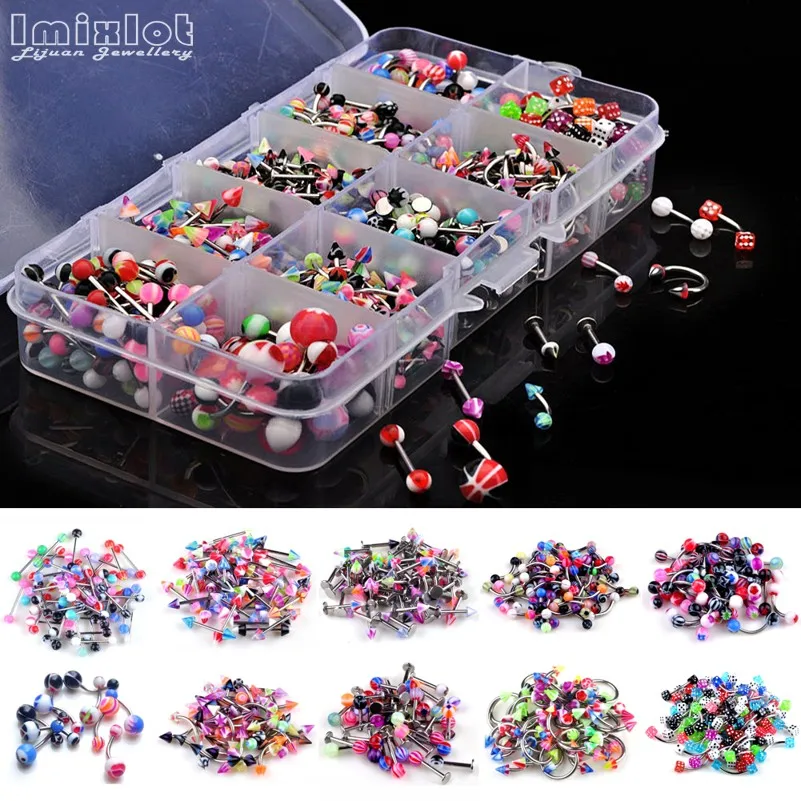 Body Piercing Jewelry 50/100PCS Mixed Acrylic Surgical Steel Nose Ring Tongue Bar Navel Eyebrow Lip Labret Piercing Set