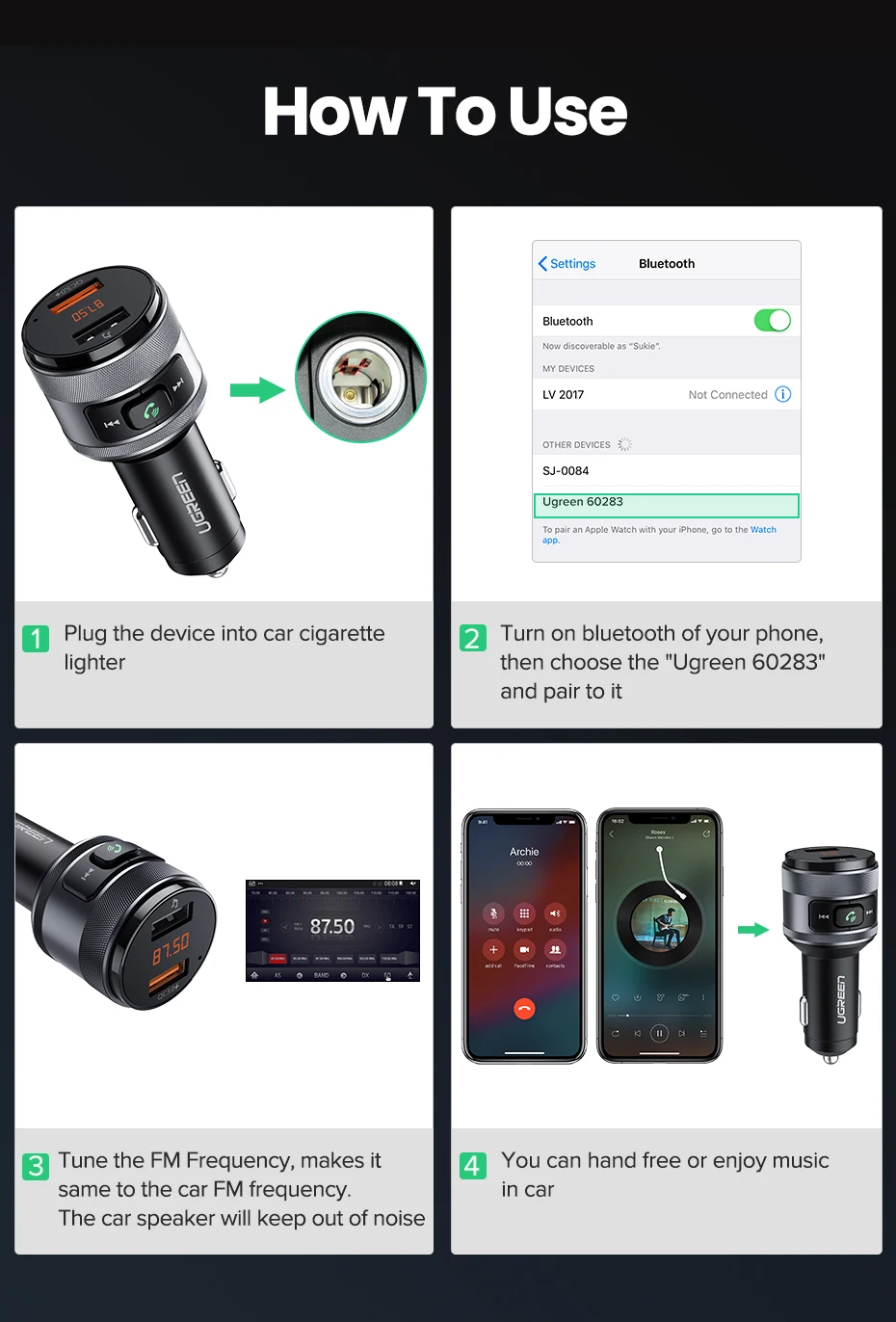 samsung car charger 25w Ugreen USB Car Charger FM Transmitter QC 3.0 Car Charging Fast Charger QC3.0 Charger for Xiaomi Samsung iPhone Quick 3.0 Charge samsung car charger type c