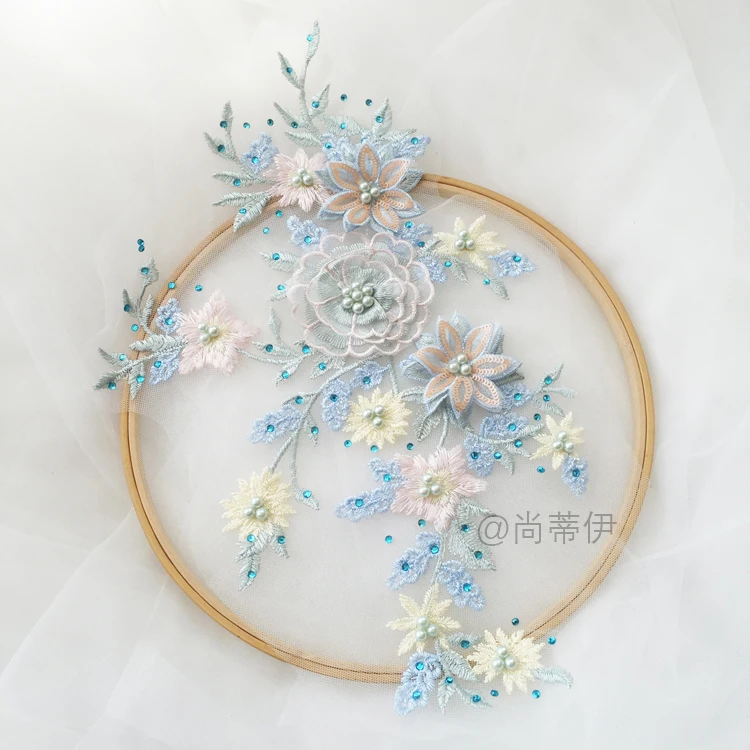 

Wholesale 5pcs sky blue lace patches, 3d appliqued sewing on lace flowers for children clothing, dress, boutique lace material