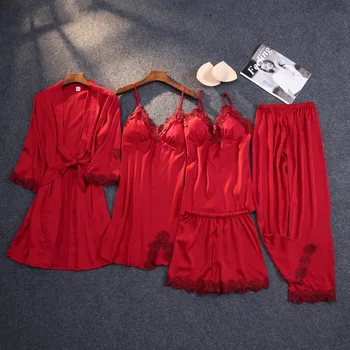 

Lace Patchwork Robe Set Women Satin 4PCS Sleepwear Female Nighty&Robe Suit Sexy Kimono Bathrobe Gown Casual Home Wear