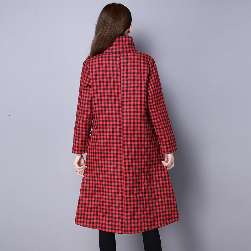 Winter clothes checked cotton and hemp cardigan jacket medium and long style jacket with thick cotton jacket Windbrea