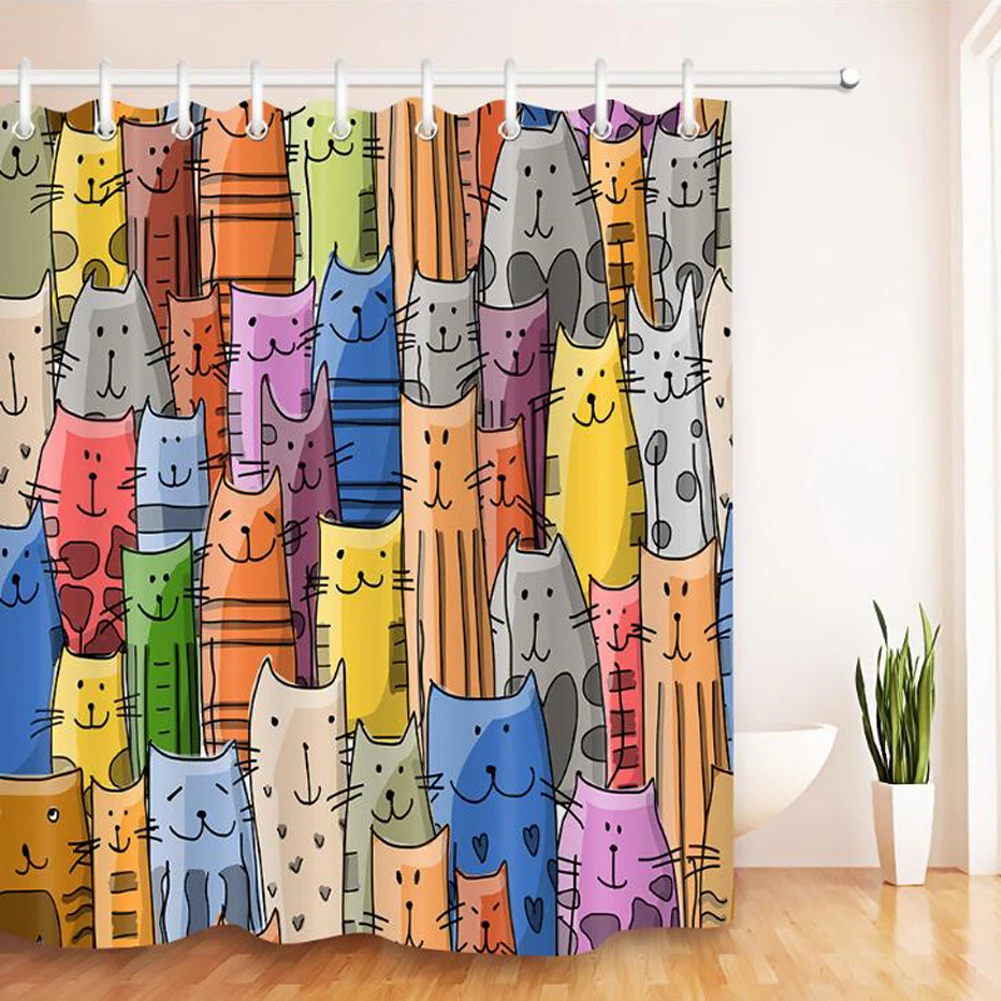 

Colorful Cartoon Cat Printed Bath Waterproof Curtain 3D Fabric Shower Curtain With 12 Hooks For Mildewproof Bathroom Decoration