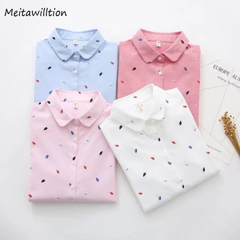 

2019 Autumn Winter Women Printed Shirts Ladies Turn Down Collar Long Sleeve Blouse Female Button Cotton White Top Blusa Feminina