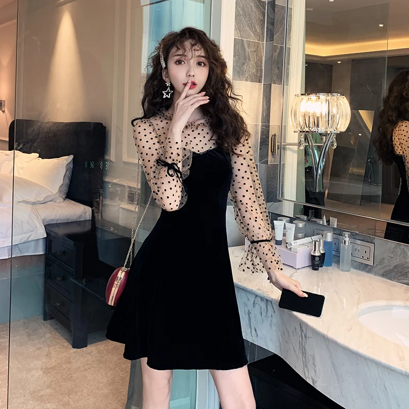 

2019 New Autumn Women dress Lantern Sleeve Slim + + Tile Fei Velvet God Render Dresses Black 8522