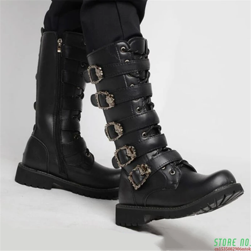 

Men's Leather Motorcycle Boots Mid-calf Military Combat Boots Gothic Belt Punk Boots Men Shoes Tactical Army Boot