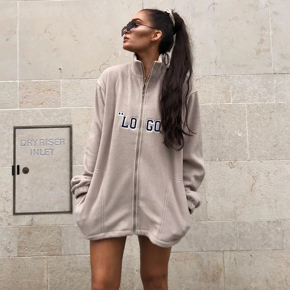 price reduction  BOOFEENAA Logo Letter Zip Fleece Outwear Women Fashion Jacket Coats Streetwear Oversize Windbreaker