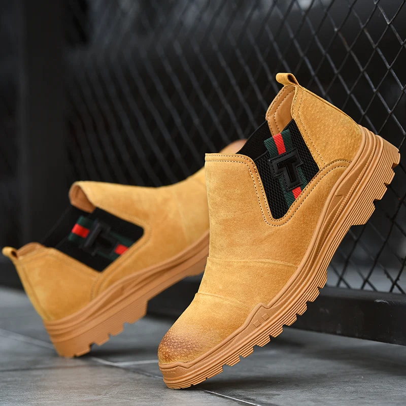 Осенние и зимние плюшевые теплые кожаные мужские полусапоги; Рабочая обувь; мужские ботильоны на меху; уличные ботинки «Челси»