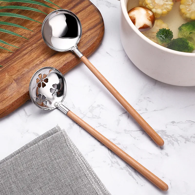 

Long Handle Wooden Soup Spoon Stainless Steel Colander Round Spoons Strainer Anti-Scalding Tableware Kitchen Cooking Utensils