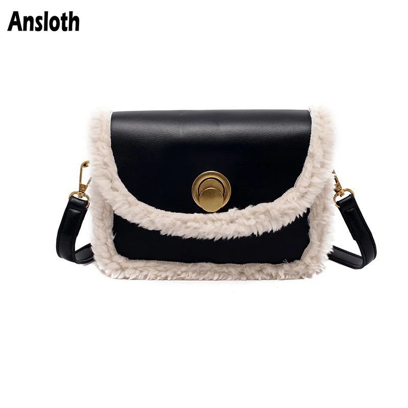 

Ansloth New Contrast Color Plush Women's Bag Designer Brand PU Leather Shoulder Bags Female Small Flap Bag Winter Fashion HPS996