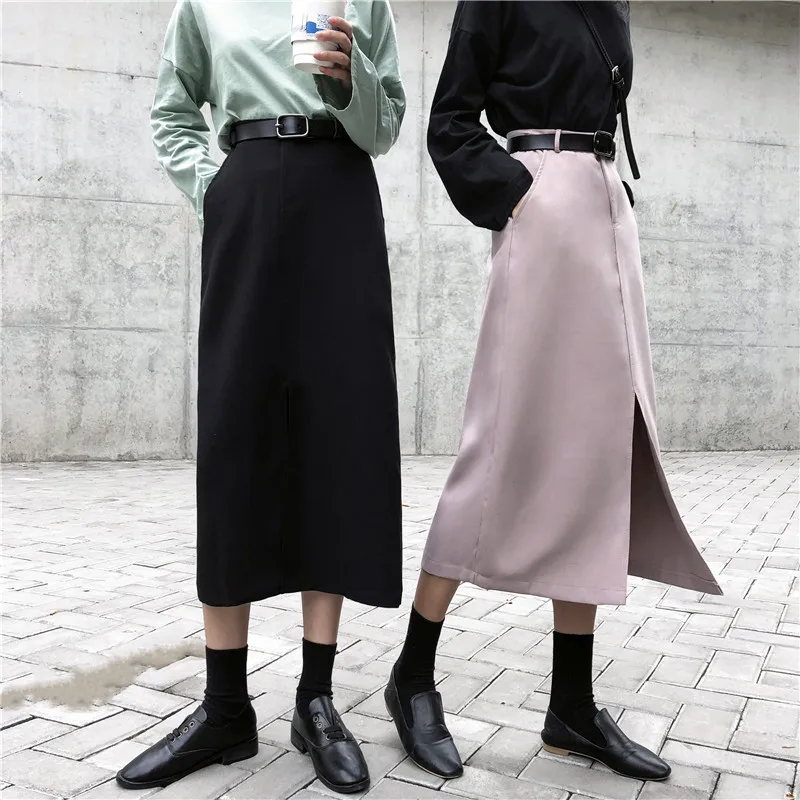 

Spring And Summer New Style Korean-style Simple High-waisted Slimming Skirt Slit Mid-length Skirt
