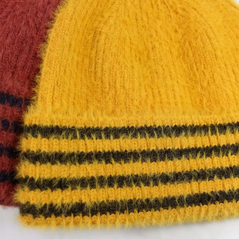 Теплые зимние шапки женские вязаные шерстяные Твист Skullies Beanie шапки модные Skullies полосы Ретро Вязаные ворс Ретро шапка W