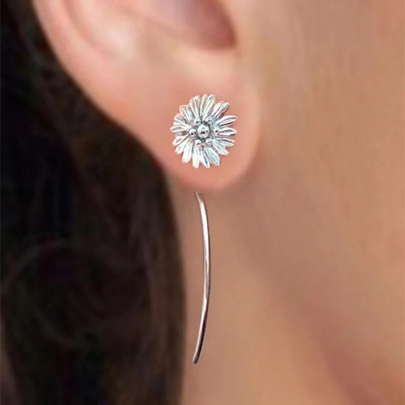 

MD Daisy Flower Earrings Silver Earrings Jewelry Sunflower Earrings Cute Small Stud Earrings Long Stem Earrings