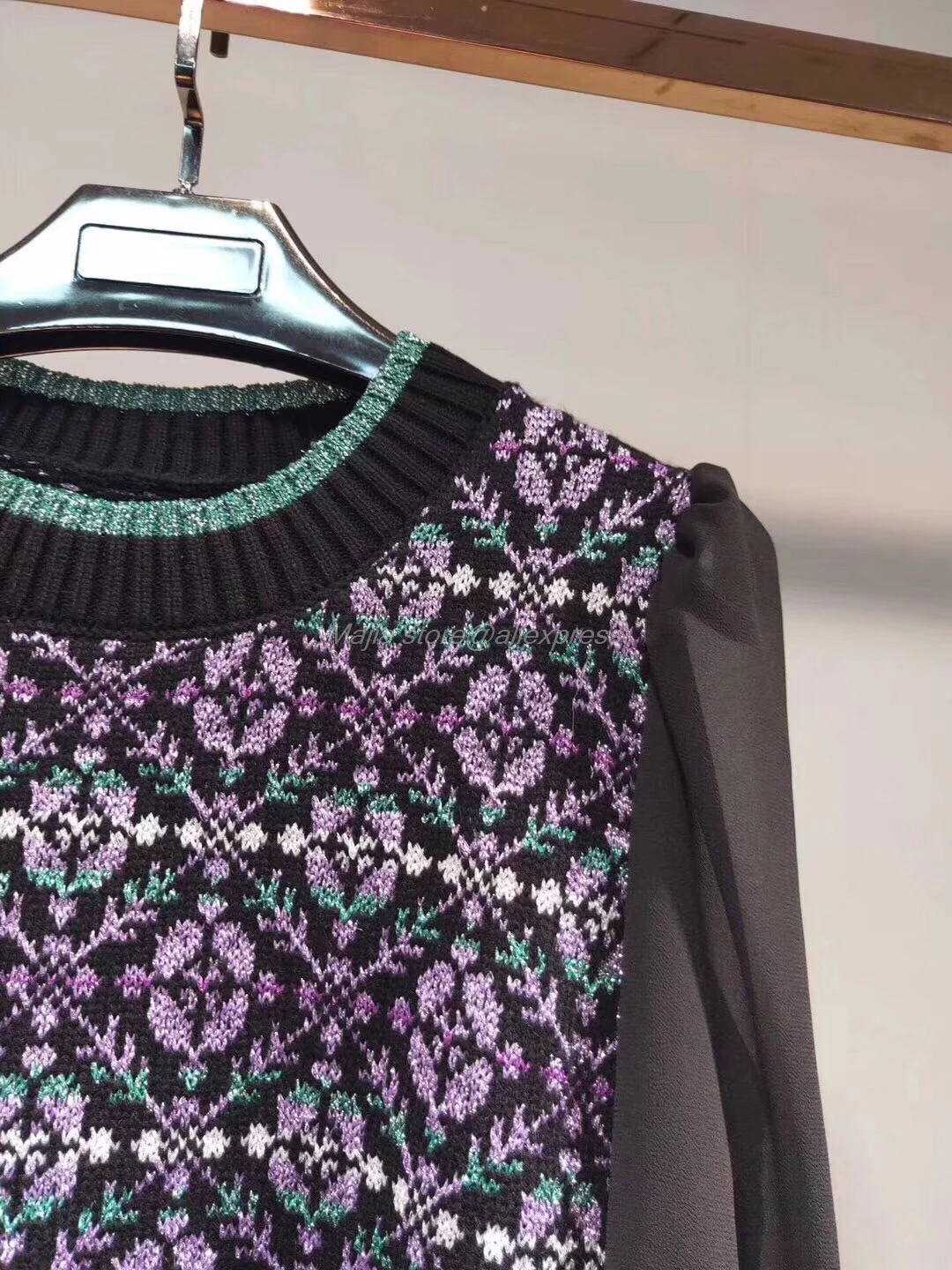 new winter hit color stitching round neck puff sleeve women jacquard sweater