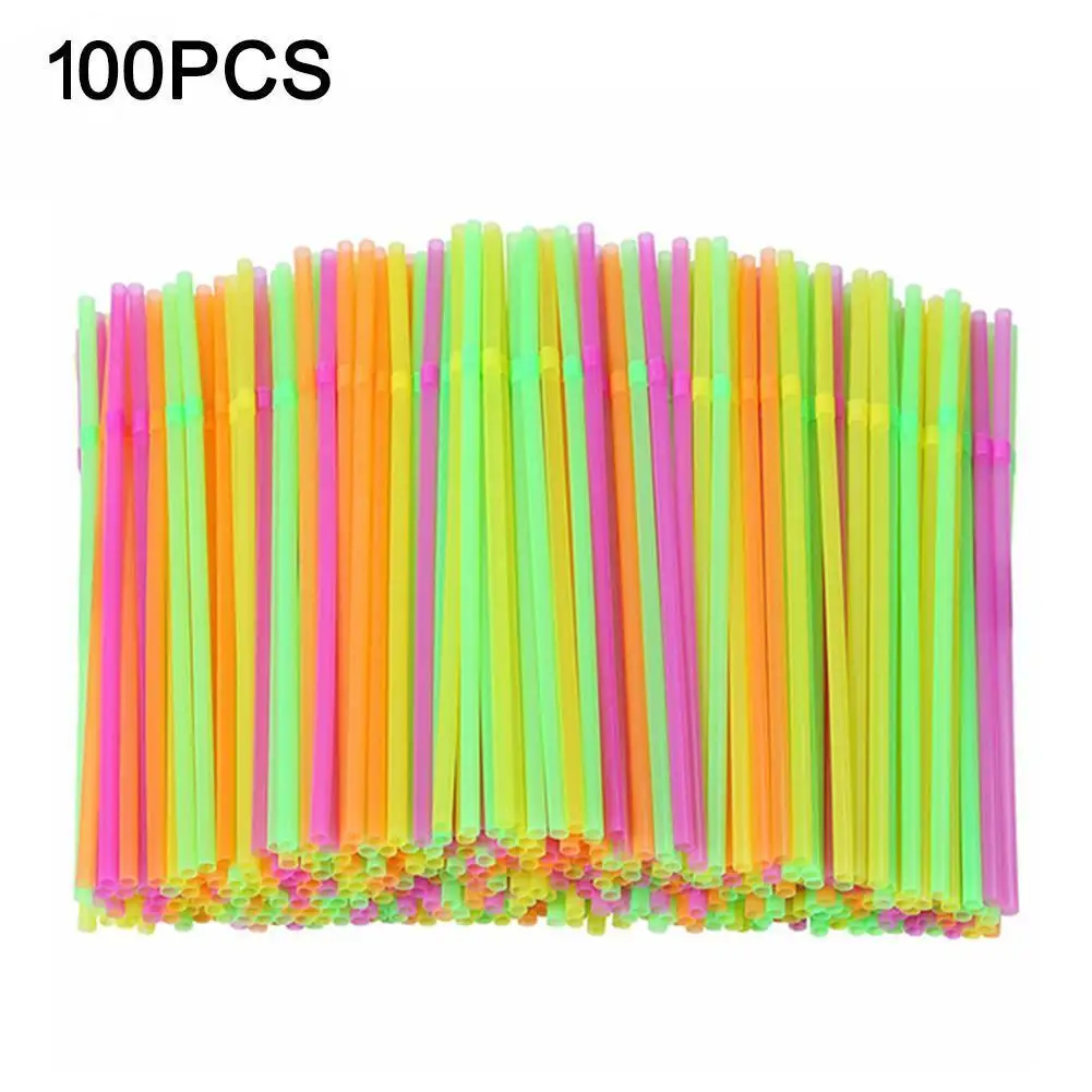 100pcs Disposable Plastic Drinking Straws Long Multicolored Bendable