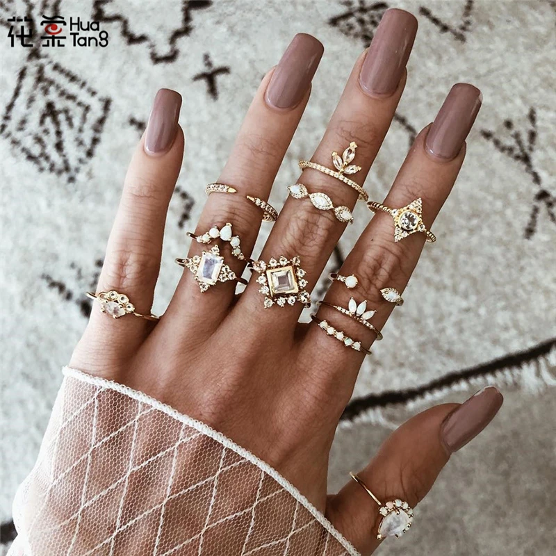 

HuaTang 12pcs/set White Opal Crystal Water Drop Boho Rings Set for Women Geometric Rings Set Knuckle Wedding Rings Anillos 8256