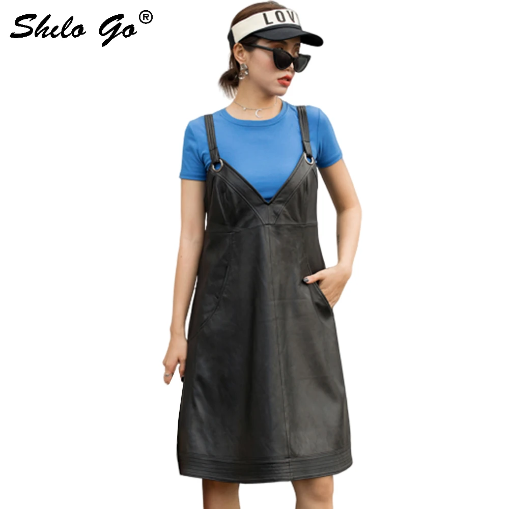 

Genuine Leather Dress Elegant Sweatheart Neck Strap Sleeveless Sheepskin A Line Dress Women Autumn Winter Sexy Backless Dresses