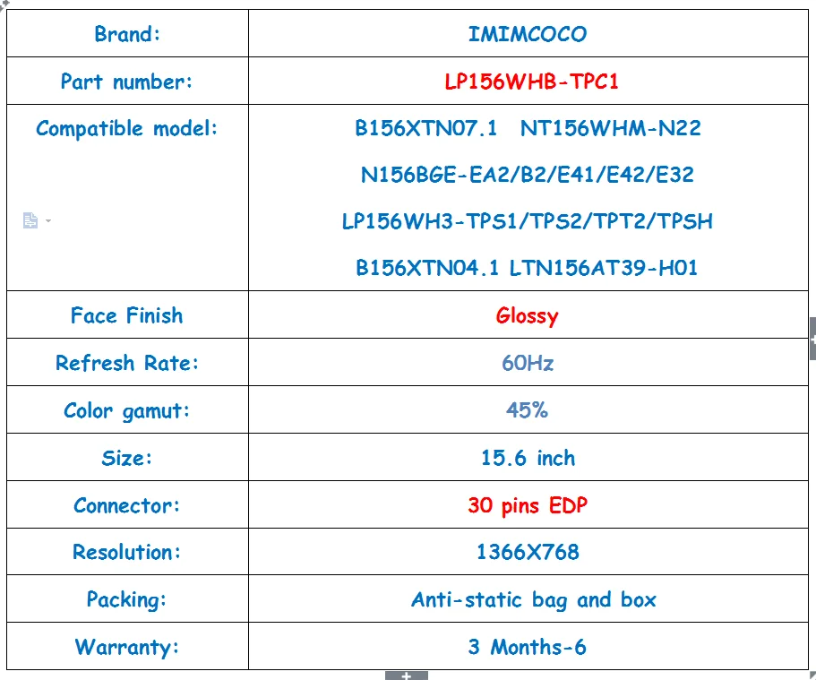15,6 ''светодиодный экран для ноутбука LP156WHB-TPC1 подходит LP156WHB-TPGA/TPD1 LP156WH3 TPS1 TPA2 N156BGE-EAB/E42 LTN156AT39 B156XTN04.0