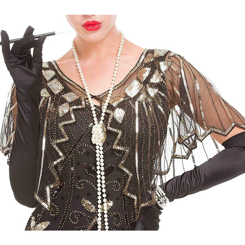 Big Discount hpT3b Women Glittering 1920s Shawl Wraps Sequin Beaded Evening Cape Bolero Flapper Black Cover Up
