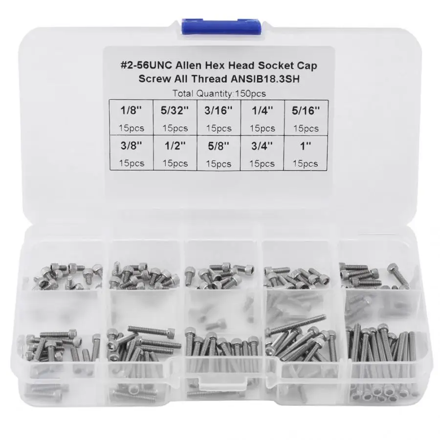 

150PCS 9 Sizes Hex Socket Cap Head Screws Assortment Set with Plastic Box #2-56