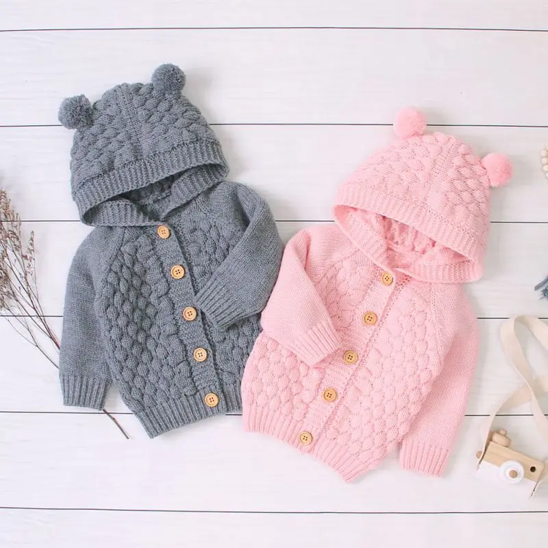Осень-зима, детский хлопковый свитер с капюшоном для маленьких мальчиков и девочек, Повседневная Удобная однотонная верхняя одежда высокого качества с ушками