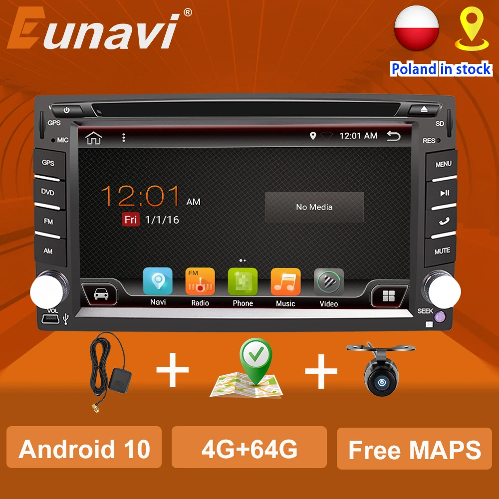 Eunavi 2 Din Android 10 Car Multimedia Player Dvd Radio GPS Navigation Auto 2din Touch Screen 4G 64GB DSP WIFI Audio BT5 USB