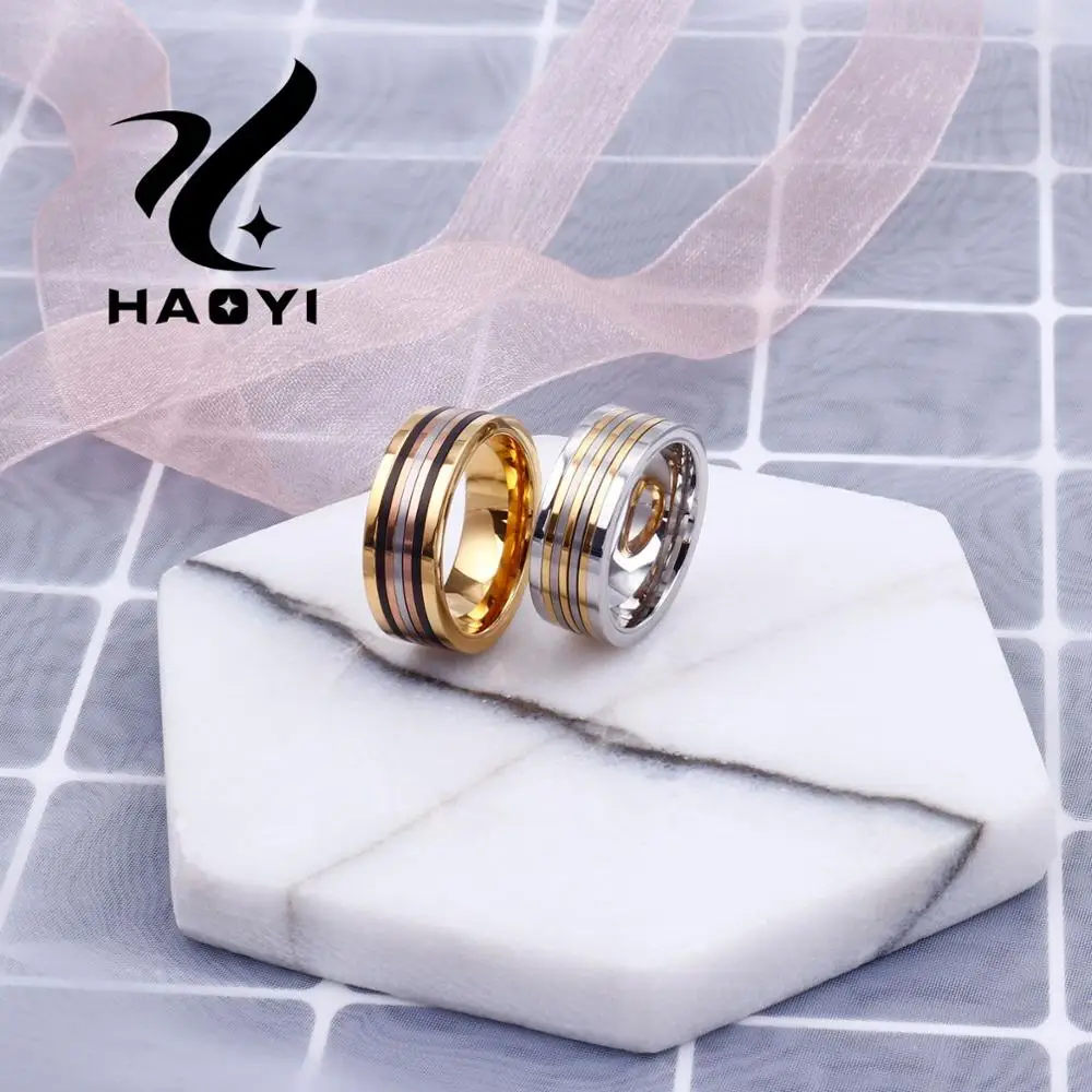 

HaoYi men's Gold Silver color Matte stripe Stainless Steel Domineering Party luxury rings for men wholesale Jewelry