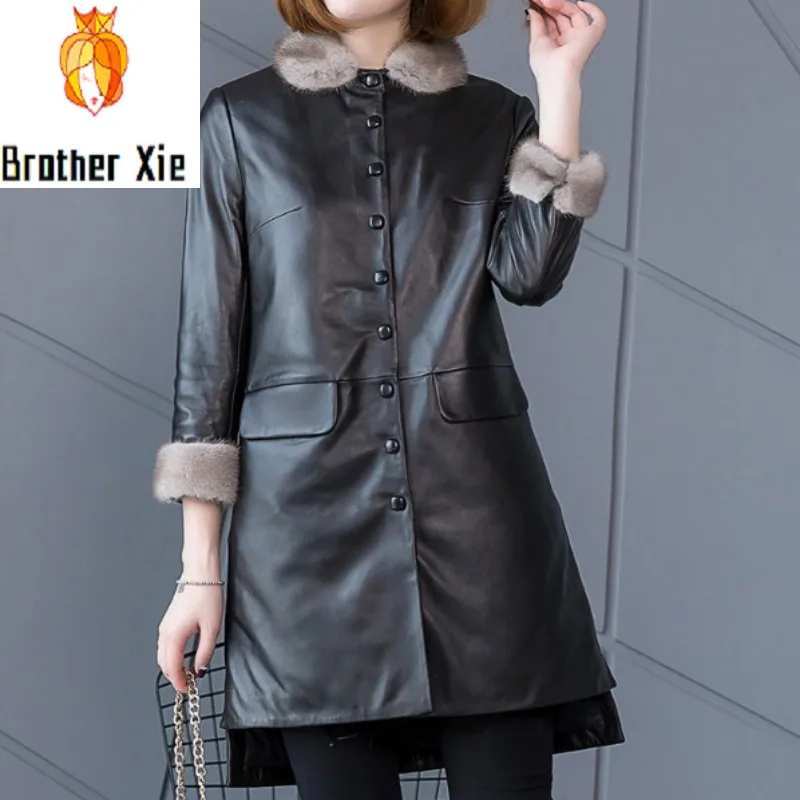 

Brand Genuine Leather Down Coat Female 2020 New Mink Fur Collar Single Breasted Sheepskin Down Jacket Winter Warm Overcoat