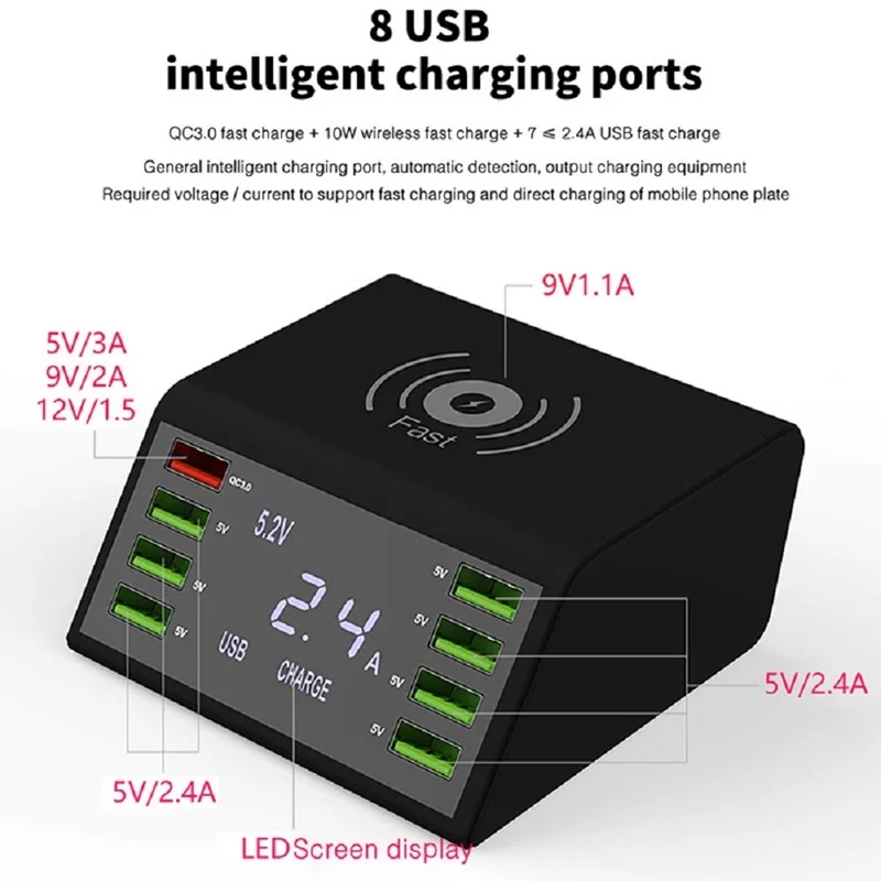 

3.0 Quick Charge Wireless Charger For 8 ports LED USB Port Fast Charge For iphone XR Max Samsung S9 Huawei P20 Xiaomi Cc9 Pro