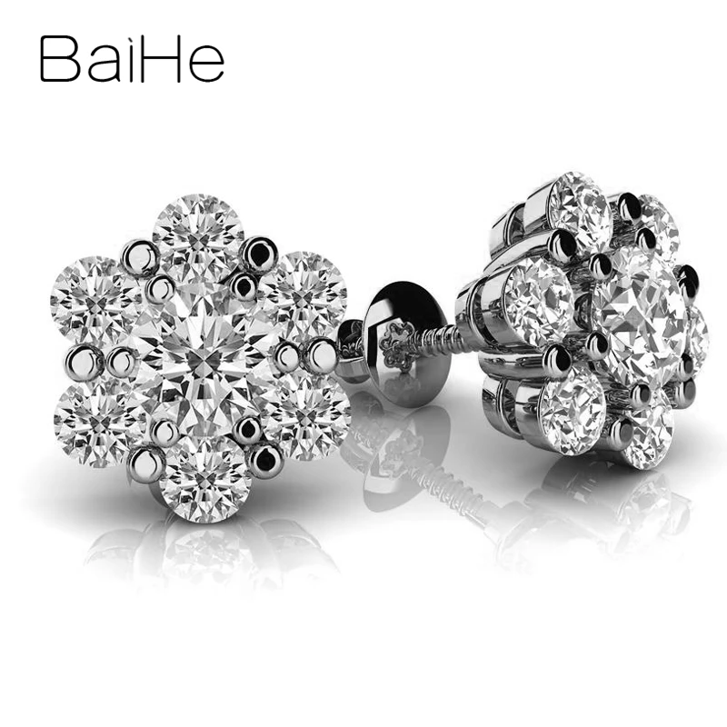 Diamond 1.06ct W BAIHE Твердые 18 к белое золото всего 0.50ct H/SI круглые натуральные бриллианты ювелирные изделия помолвка мода хорошее ювелирное изделие подарок серьги-гвоздики - Цвет камня: Diamond 1.06ct W