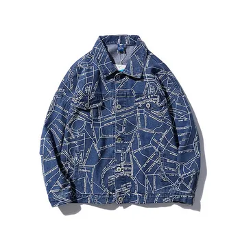 

KIOVNO Men's Fashion Printed Denim Jackets Coats City Map Printed Casual Jeans Jackets Male Streetwear Clothing